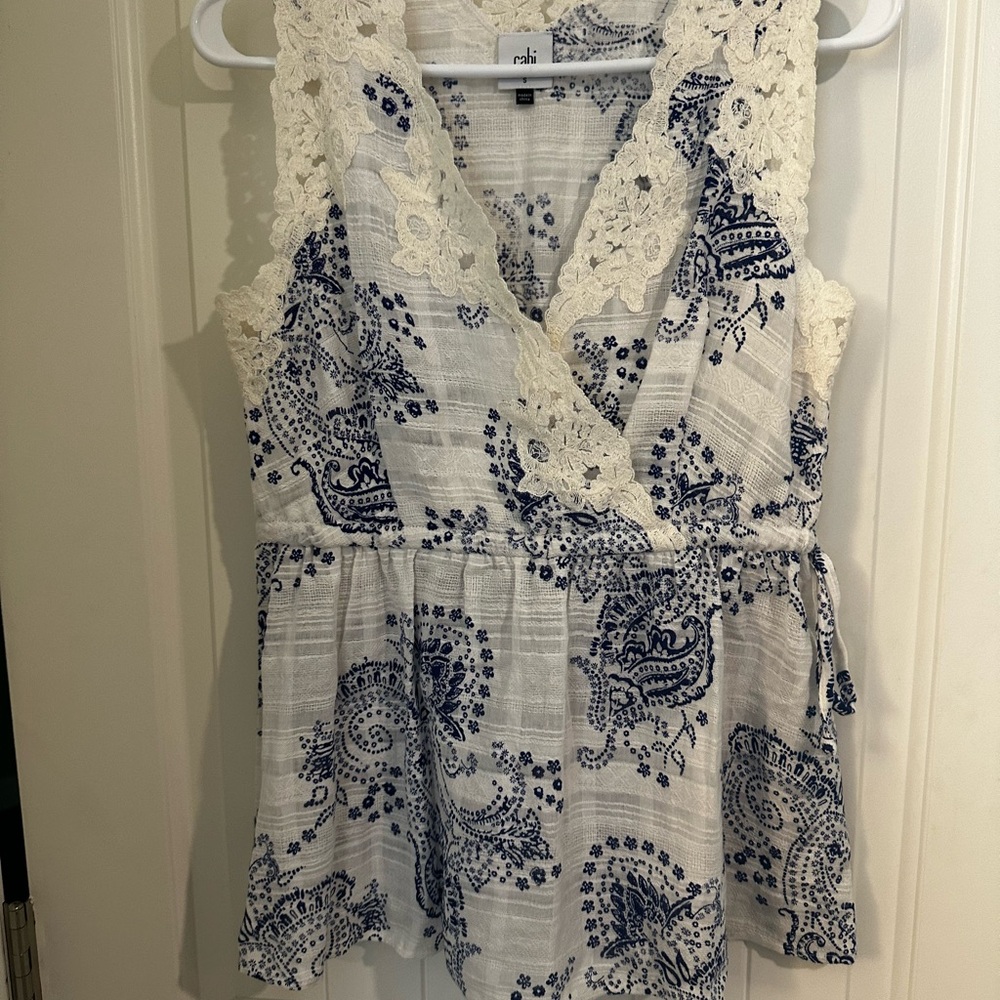 CAbi White and Blue Wrap Peplum Blouse